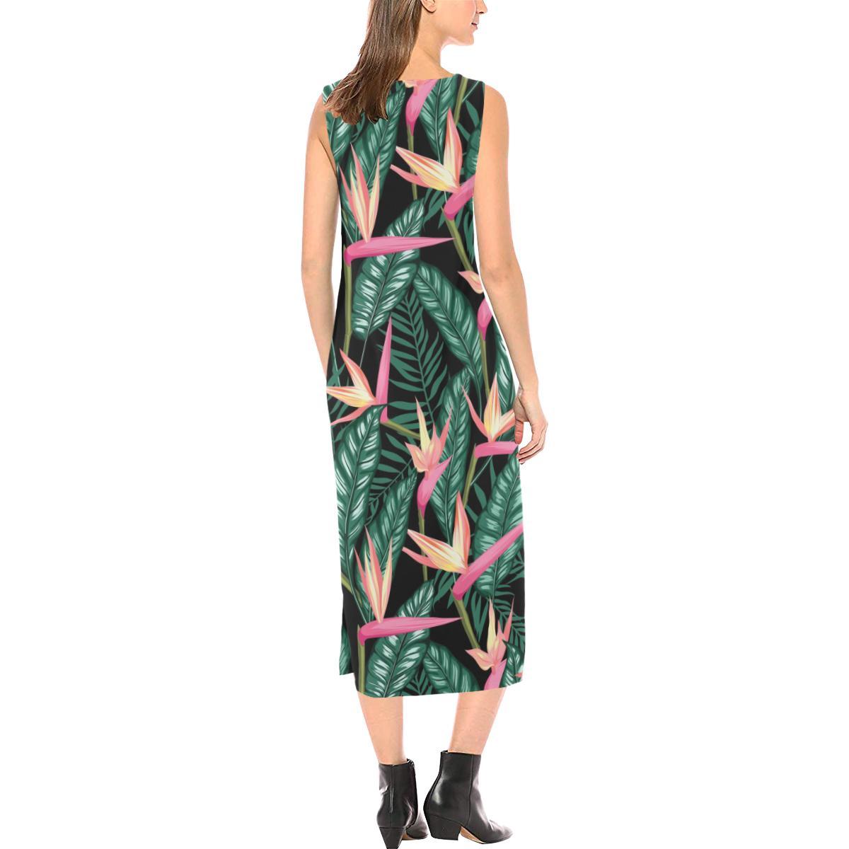 Bird Of Paradise Pattern Print Design BOP03 Sleeveless Open Fork Long Dress