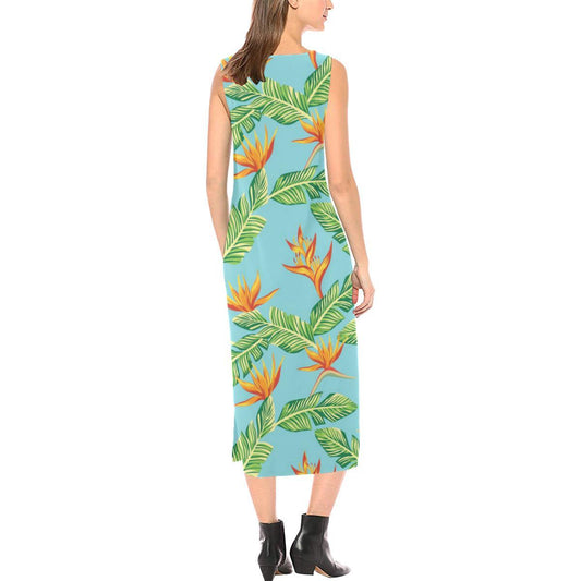 Bird Of Paradise Pattern Print Design BOP04 Sleeveless Open Fork Long Dress