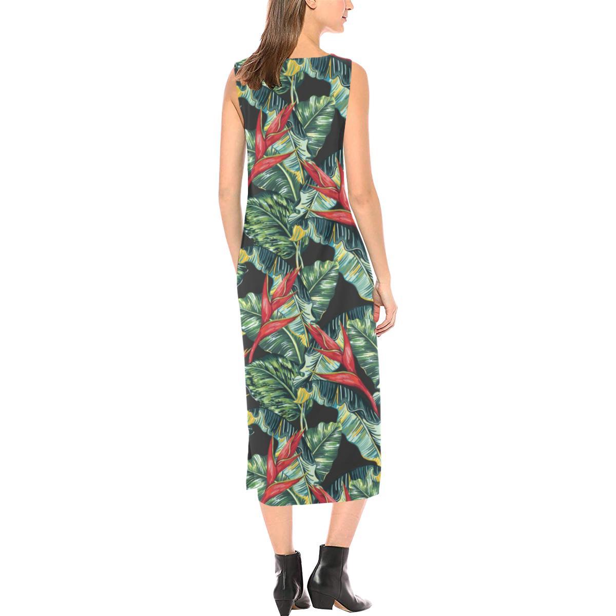 Bird Of Paradise Pattern Print Design BOP06 Sleeveless Open Fork Long Dress