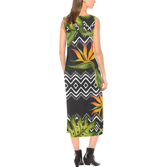 Bird Of Paradise Pattern Print Design BOP07 Sleeveless Open Fork Long Dress