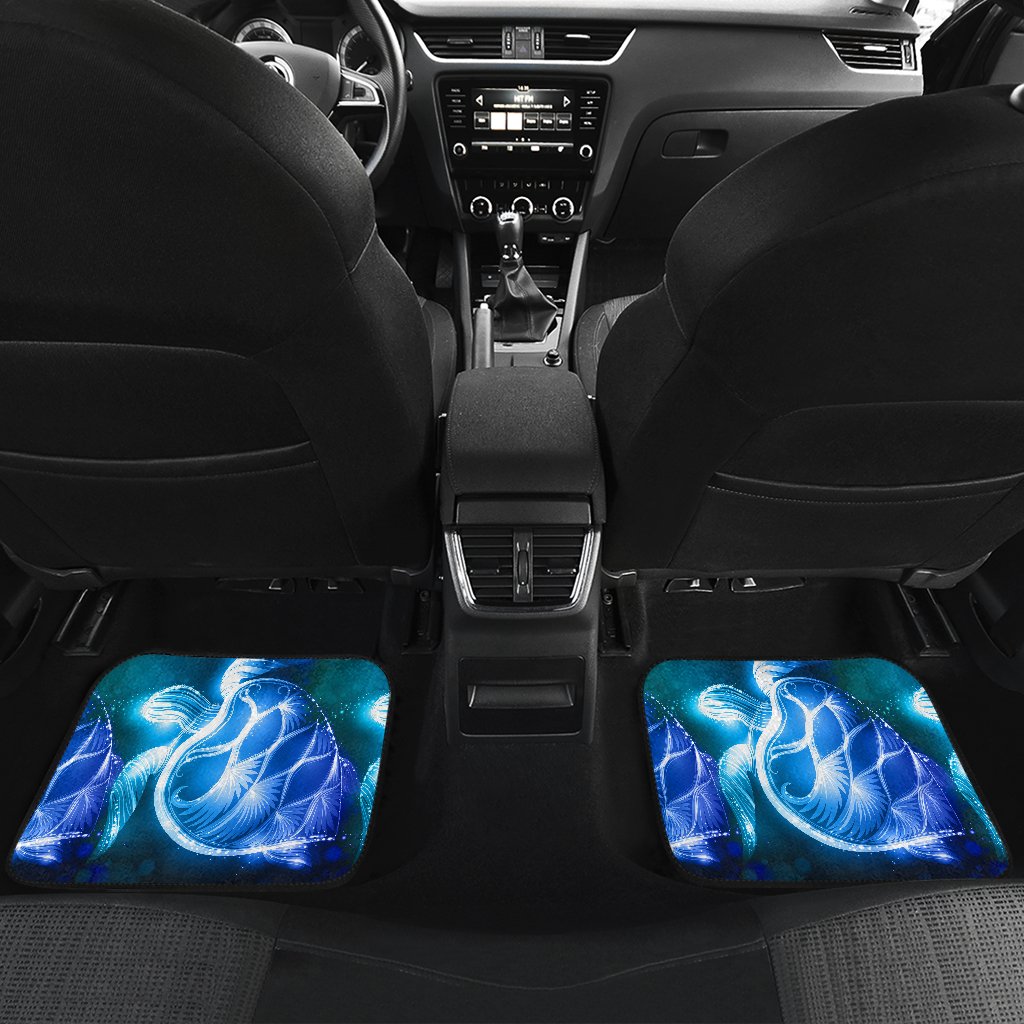 Blue Neon Sea Turtle Print Front and Back Car Floor Mats