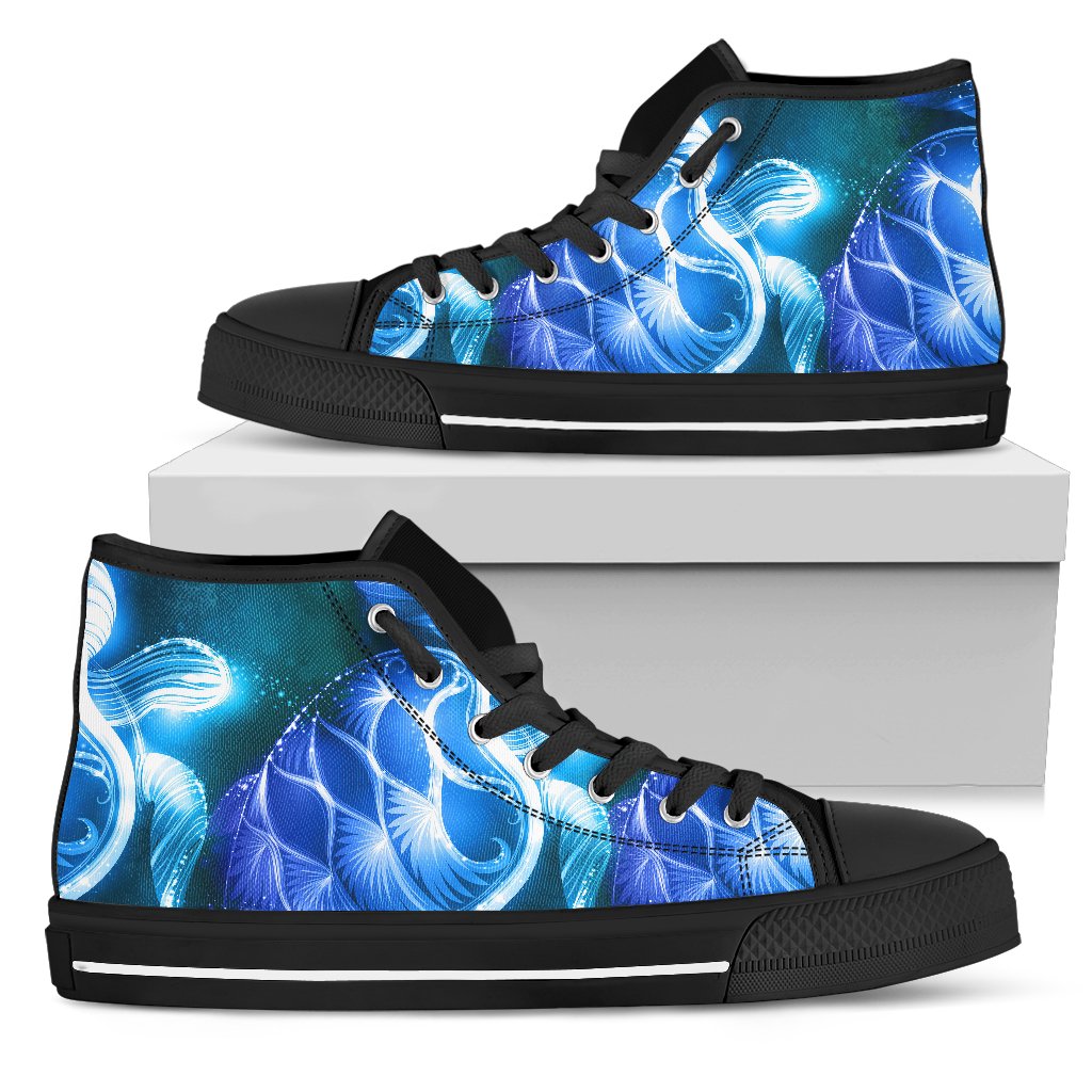 Blue Neon Sea Turtle Print Men High Top Shoes