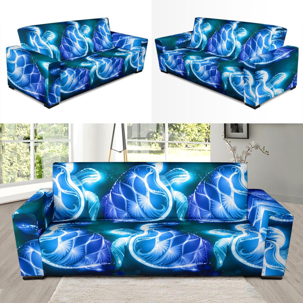 Blue Neon Sea Turtle Print Sofa Slipcover-JORJUNE.COM