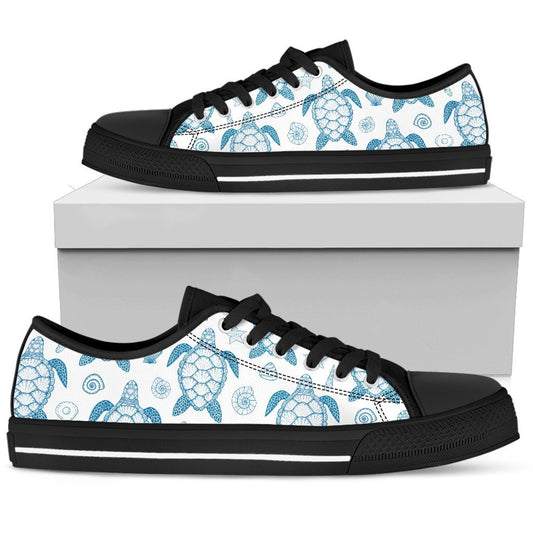 Blue Sea Turtle Pattern Women Low Top Canvas Shoes