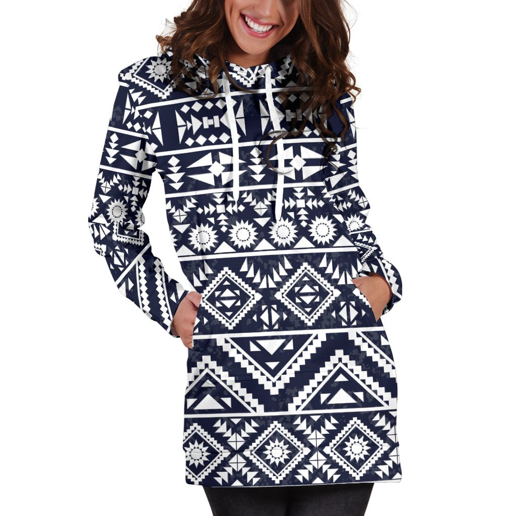 Blue White Tribal Aztec Women Hoodie Dress