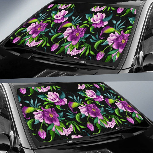 Bright Purple Floral Pattern Car Sun Shade-JorJune