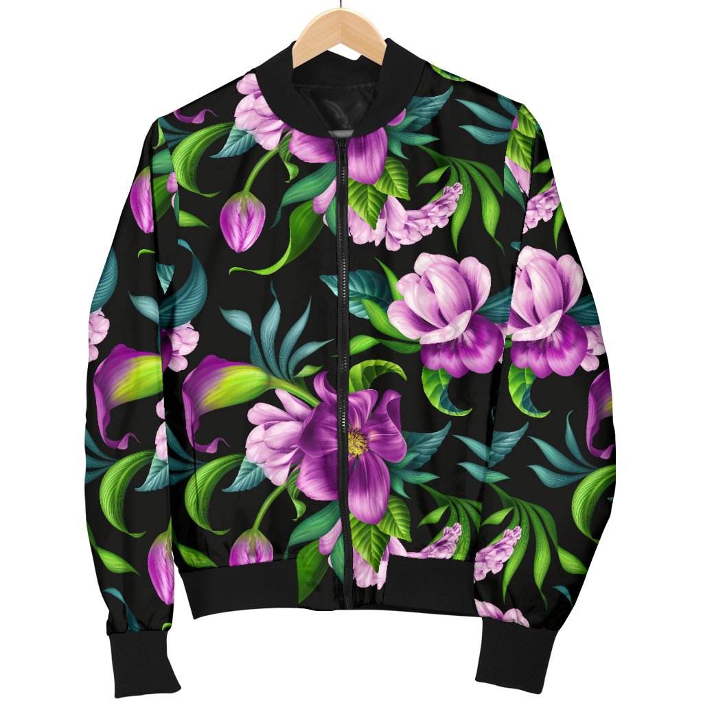 Bright Purple Floral Pattern Men Casual Bomber Jacket-JorJune
