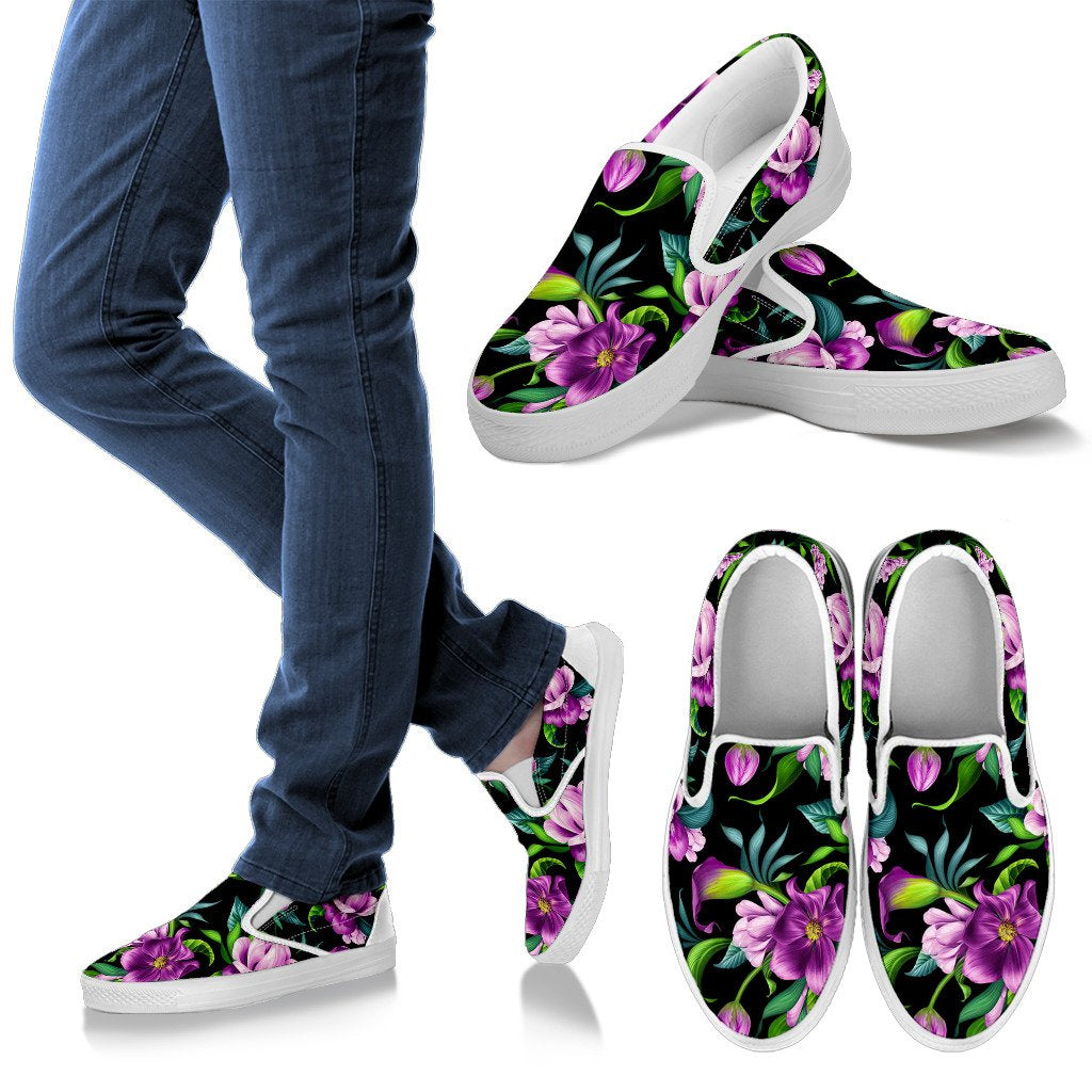 Bright Purple Floral Pattern Men Slip On Shoes