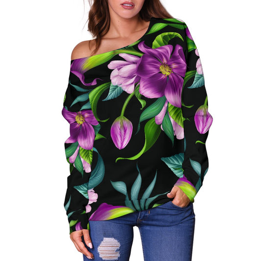 Bright Purple Floral Pattern Off Shoulder Sweatshirt