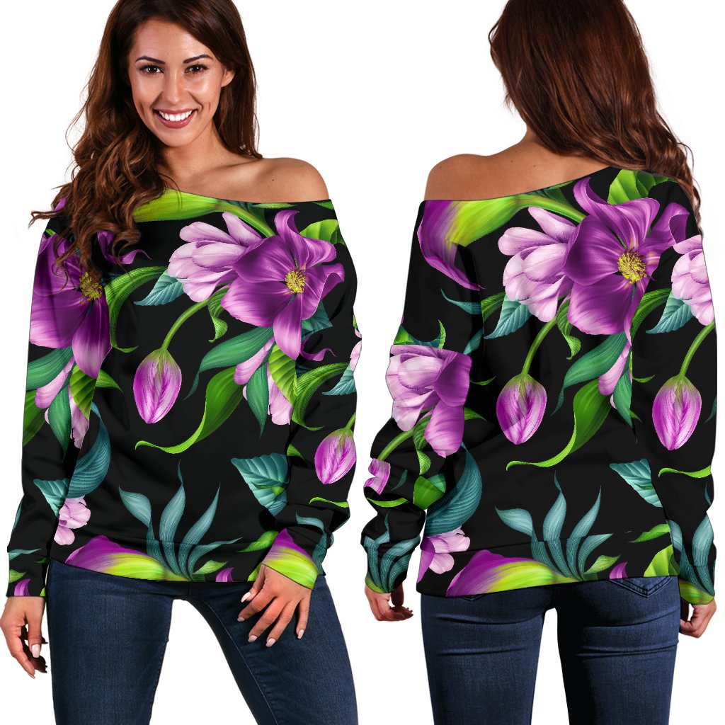 Bright Purple Floral Pattern Off Shoulder Sweatshirt