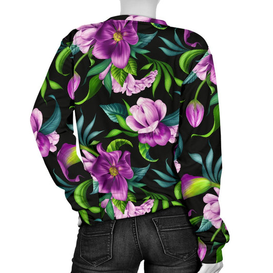 Bright Purple Floral Pattern Women Crewneck Sweatshirt