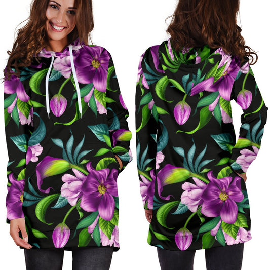 Bright Purple Floral Pattern Women Hoodie Dress