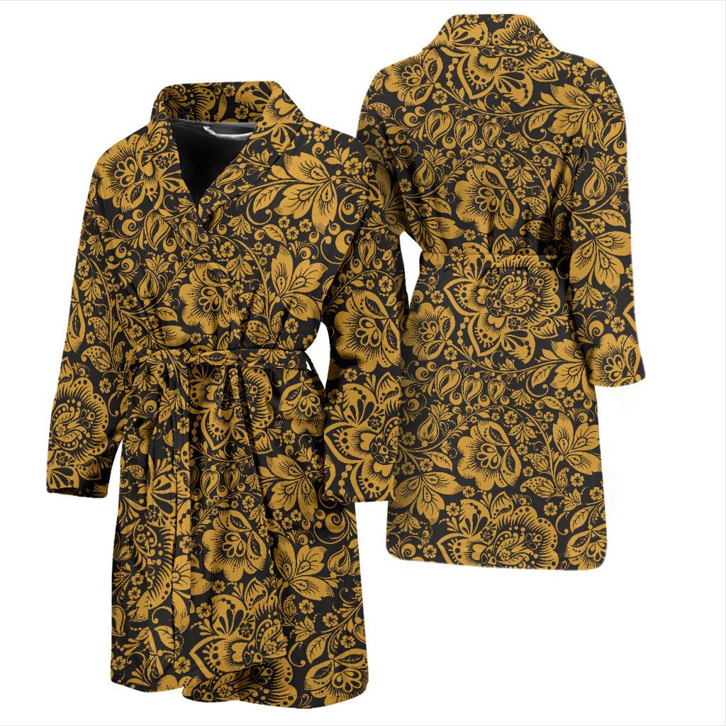 Brocade Gold Pattern Print Design 01 Men Bathrobe-JORJUNE.COM