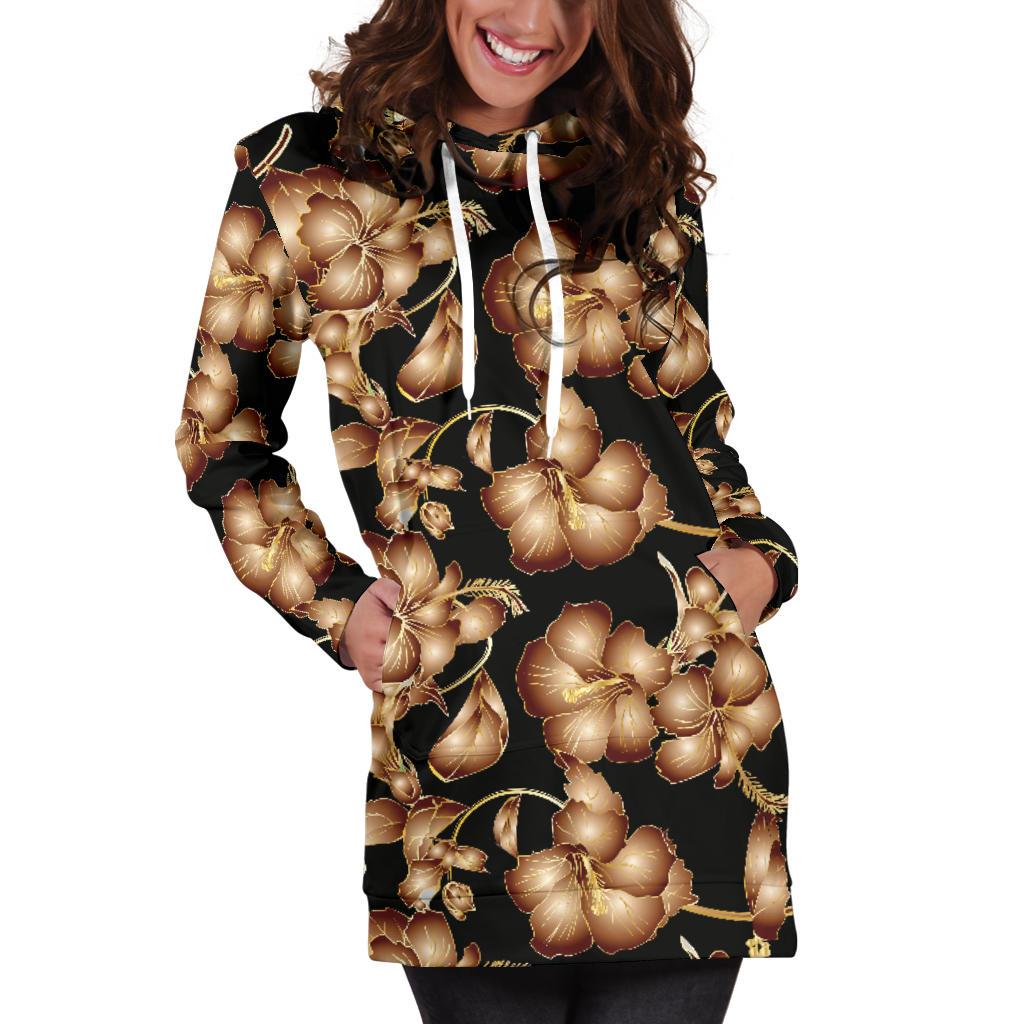Brown Hibiscus Pattern Print Design HB06 Women Hoodie Dress