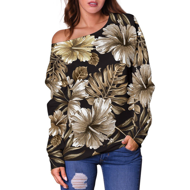 Brown Hibiscus Tropical Off Shoulder Sweatshirt