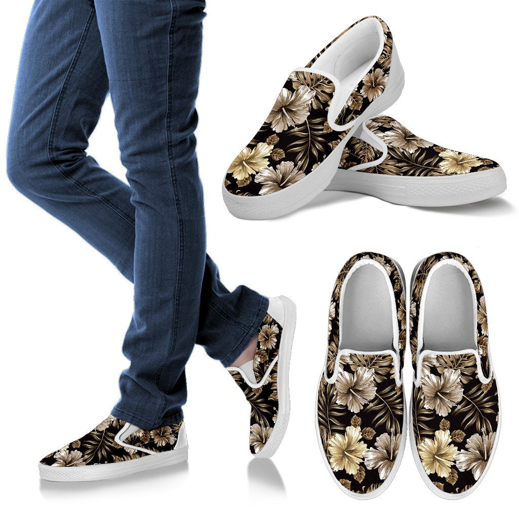 Brown Hibiscus Tropical Women Slip On Shoes