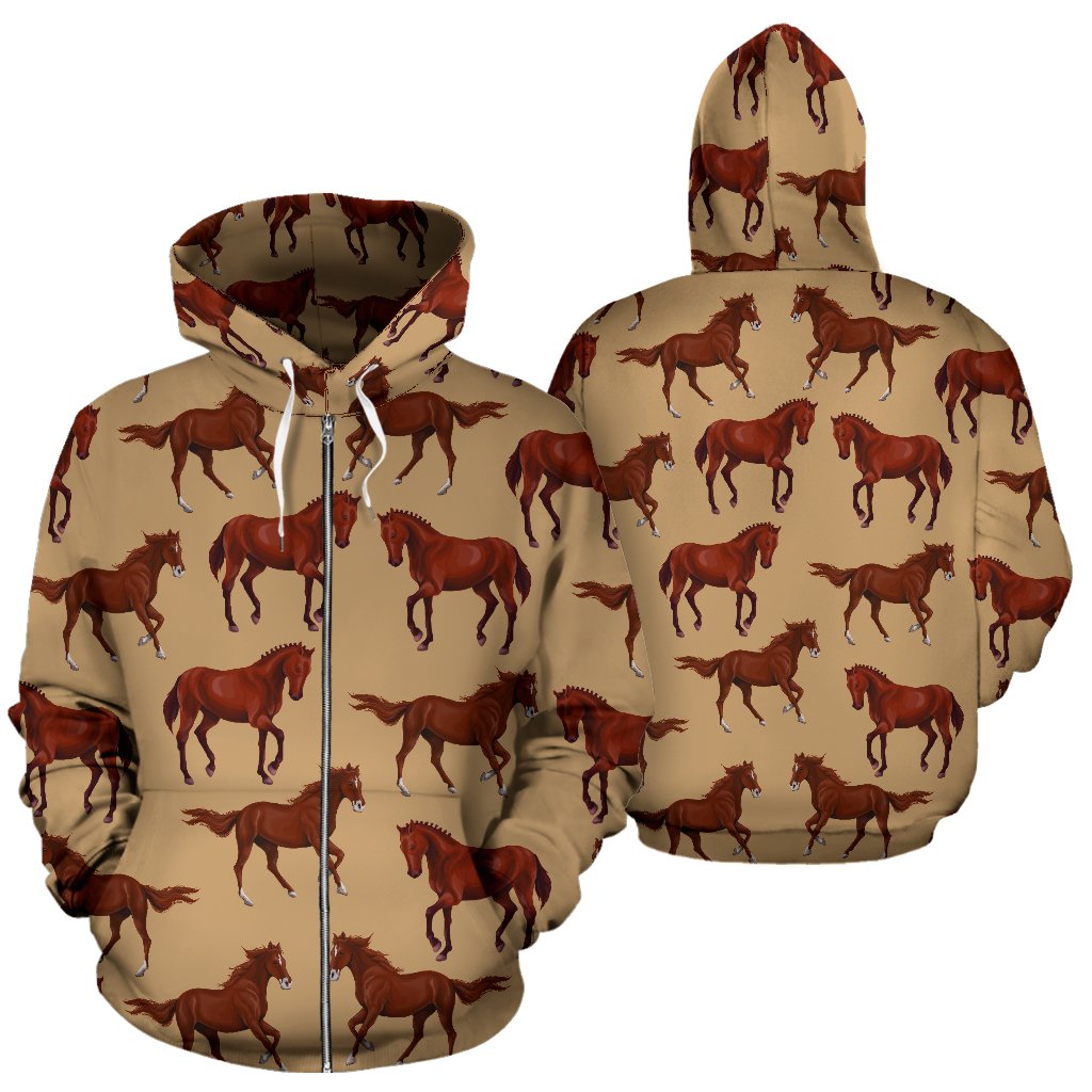 Brown Horse Print Pattern All Over Zip Up Hoodie