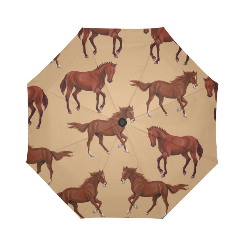 Brown Horse Print Pattern Automatic Foldable Umbrella