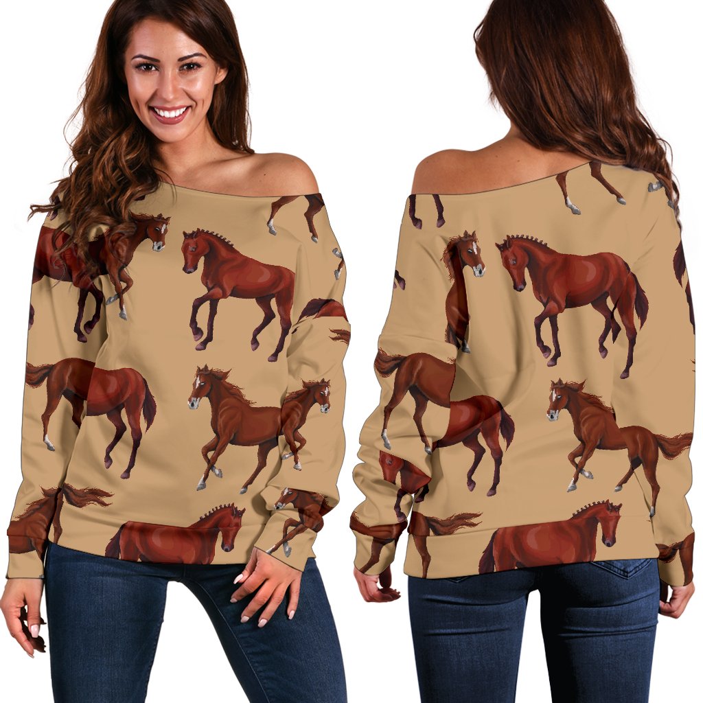 Brown Horse Print Pattern Off Shoulder Sweatshirt