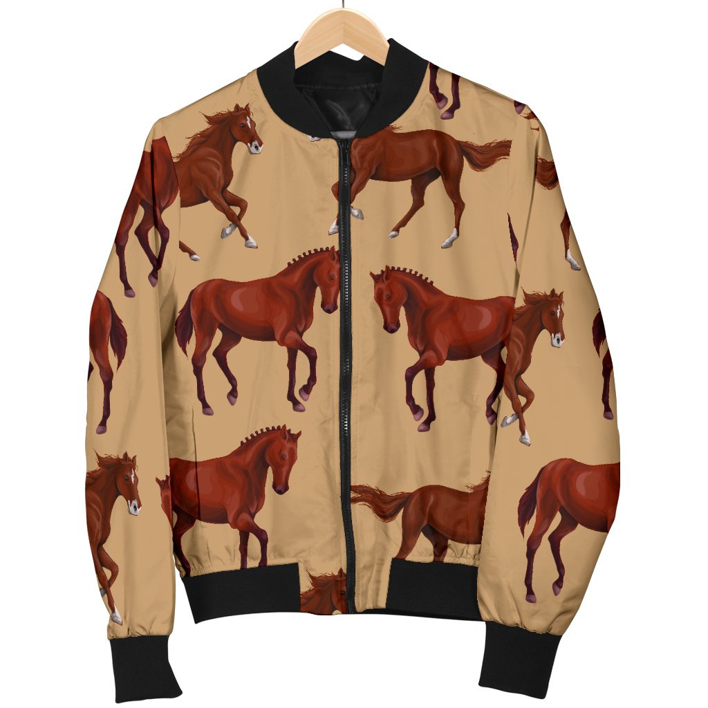 Brown Horse Print Pattern Women Casual Bomber Jacket