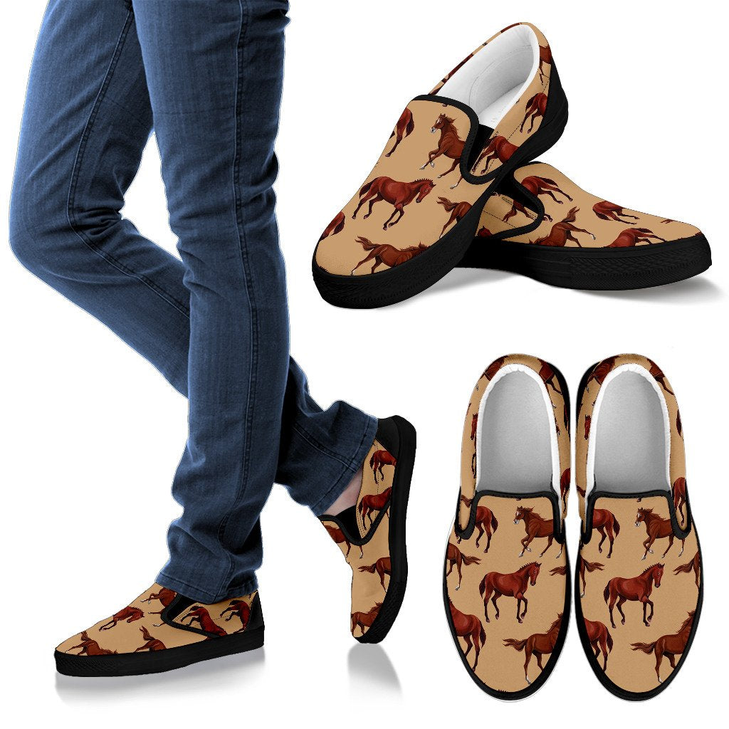 Brown Horse Print Pattern Women Slip On Shoes