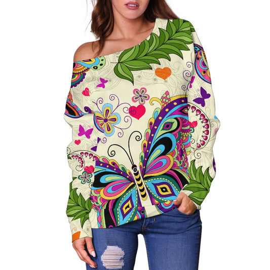 Butterfly Colorful Indian Style Off Shoulder Sweatshirt