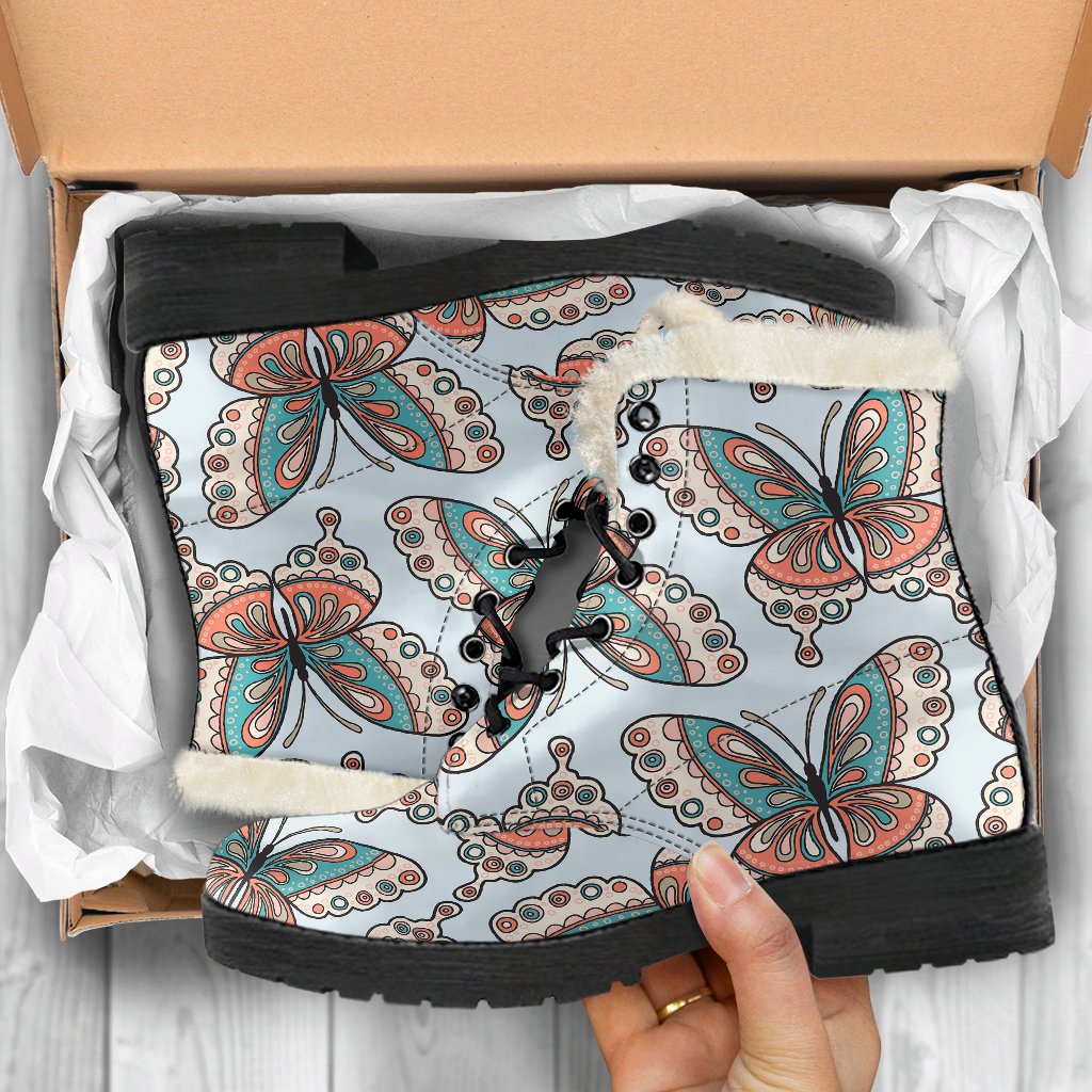 Butterfly Pattern Faux Fur Leather Boots