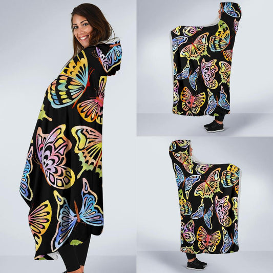 Butterfly Water Color Rainbow Hooded Blanket-JORJUNE.COM