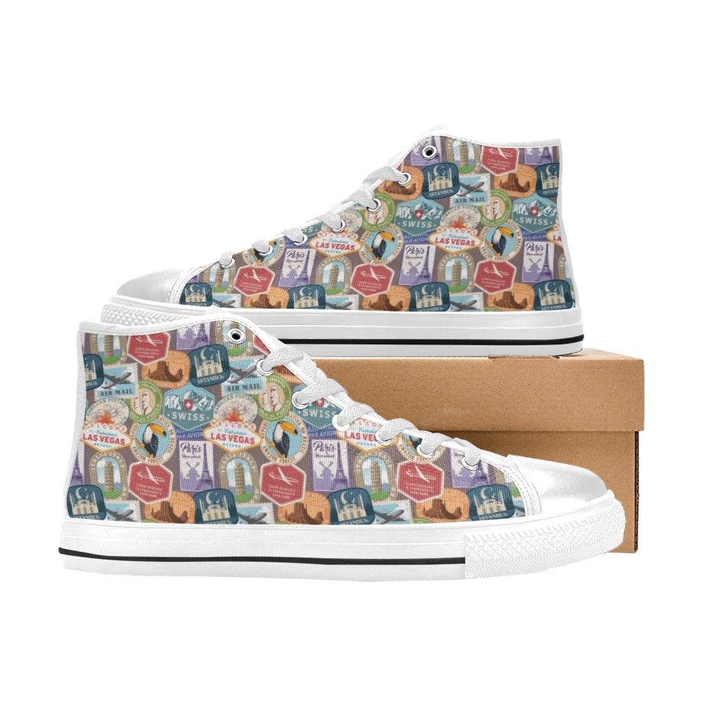 Travel Stamp Print Design LKS301 High Top Women's White Shoes
