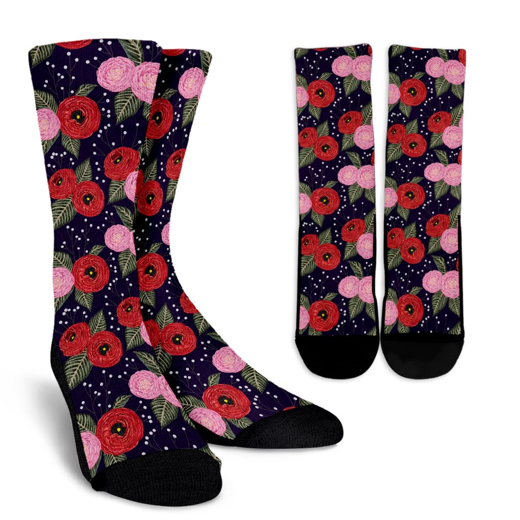 Camellia Pattern Print Design CM02 Crew Socks-JORJUNE.COM