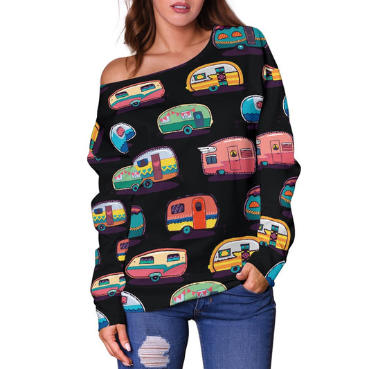 Camper Camping Pattern Off Shoulder Sweatshirt