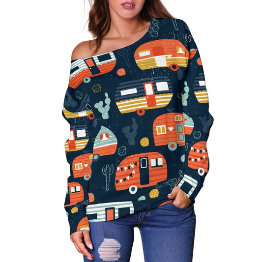 Camper Caravan Print Pattern Off Shoulder Sweatshirt