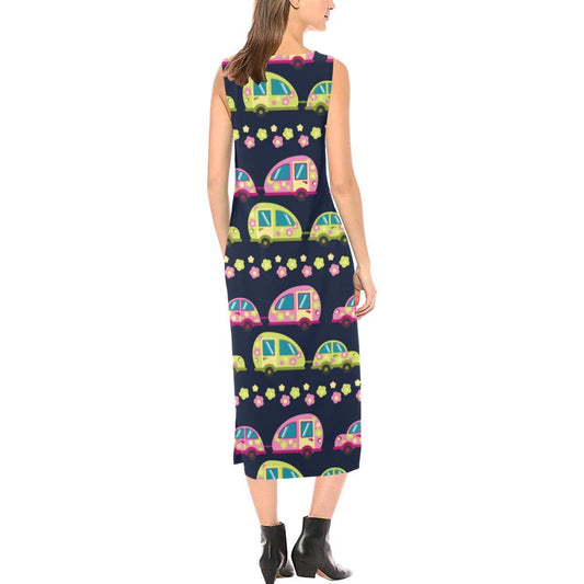 Camper Cute Camping Design No 3 Print Sleeveless Open Fork Long Dress