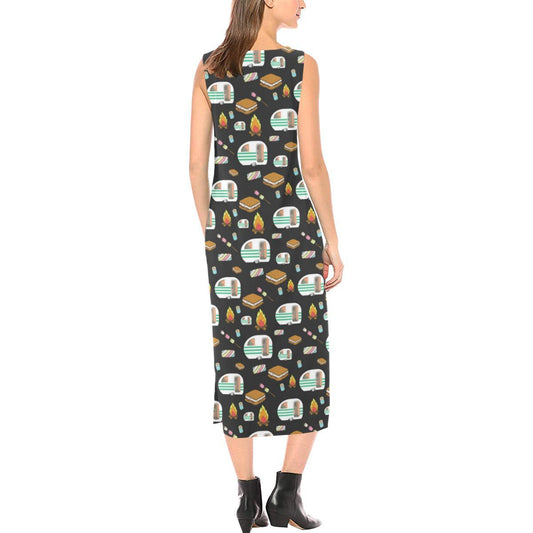 Camper marshmallow Camping Design Print Sleeveless Open Fork Long Dress