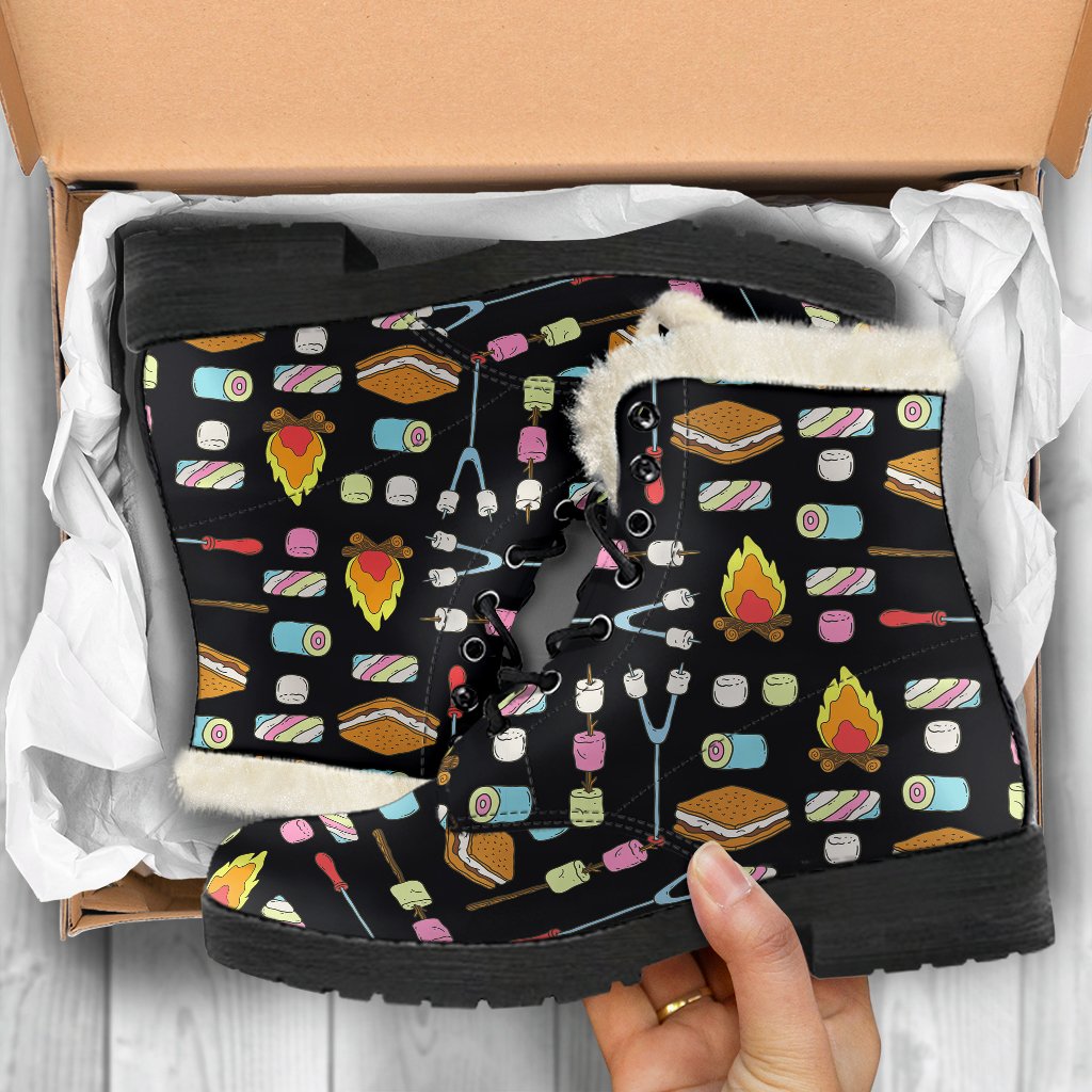 Camping Campfire Marshmallows Faux Fur Leather Boots