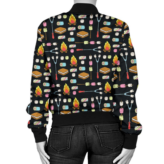 Camping Campfire Marshmallows Women Casual Bomber Jacket