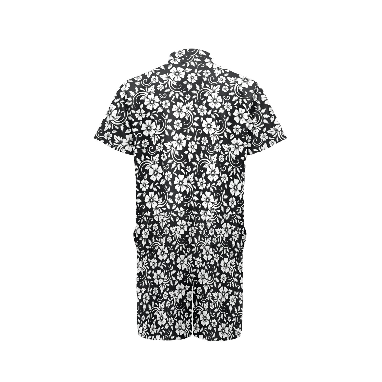 Floral Black White Themed Print Men's Romper