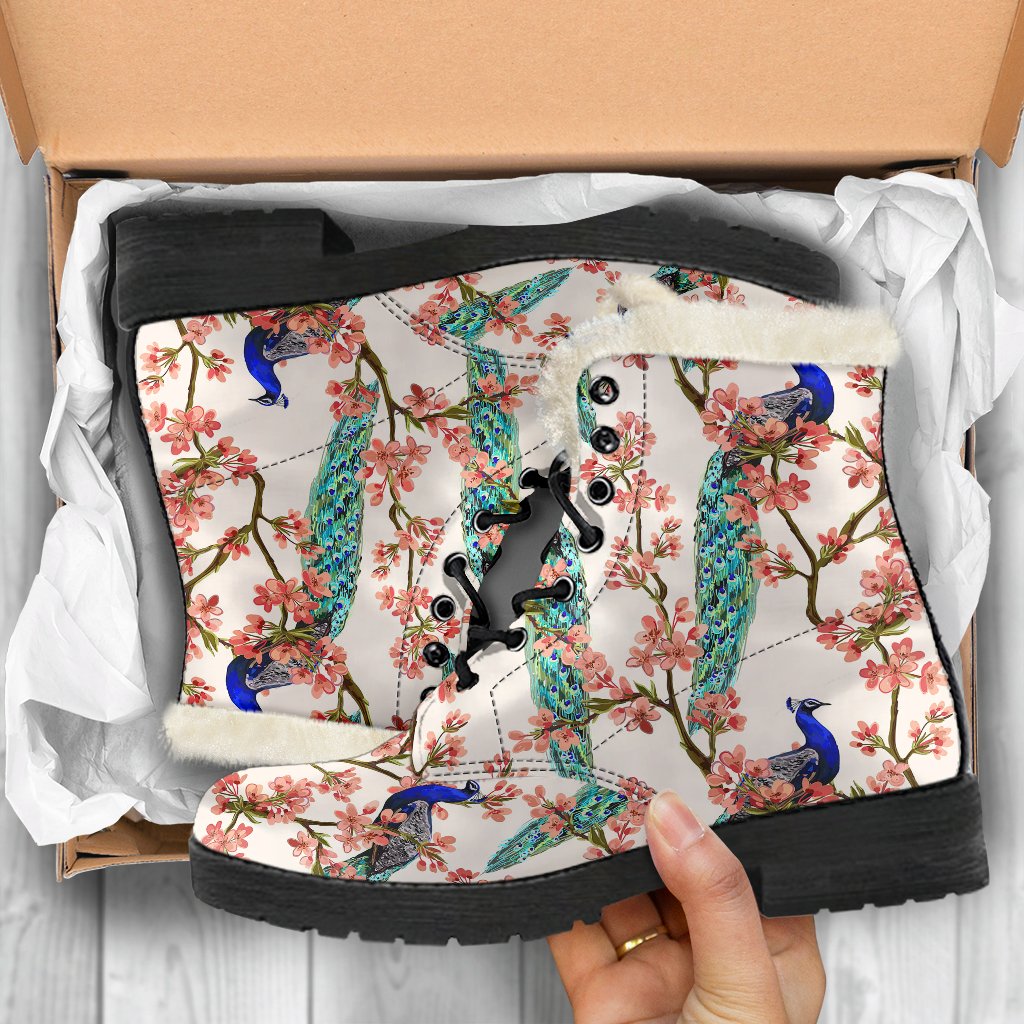 Cherry Blossom Peacock Faux Fur Leather Boots
