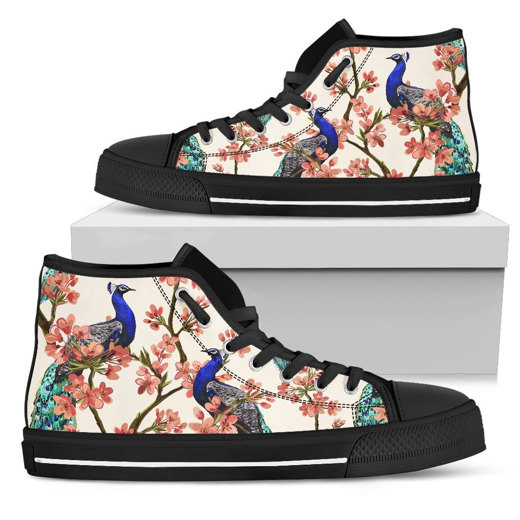 Cherry Blossom Sakura Peacock Women High Top Canvas Shoes
