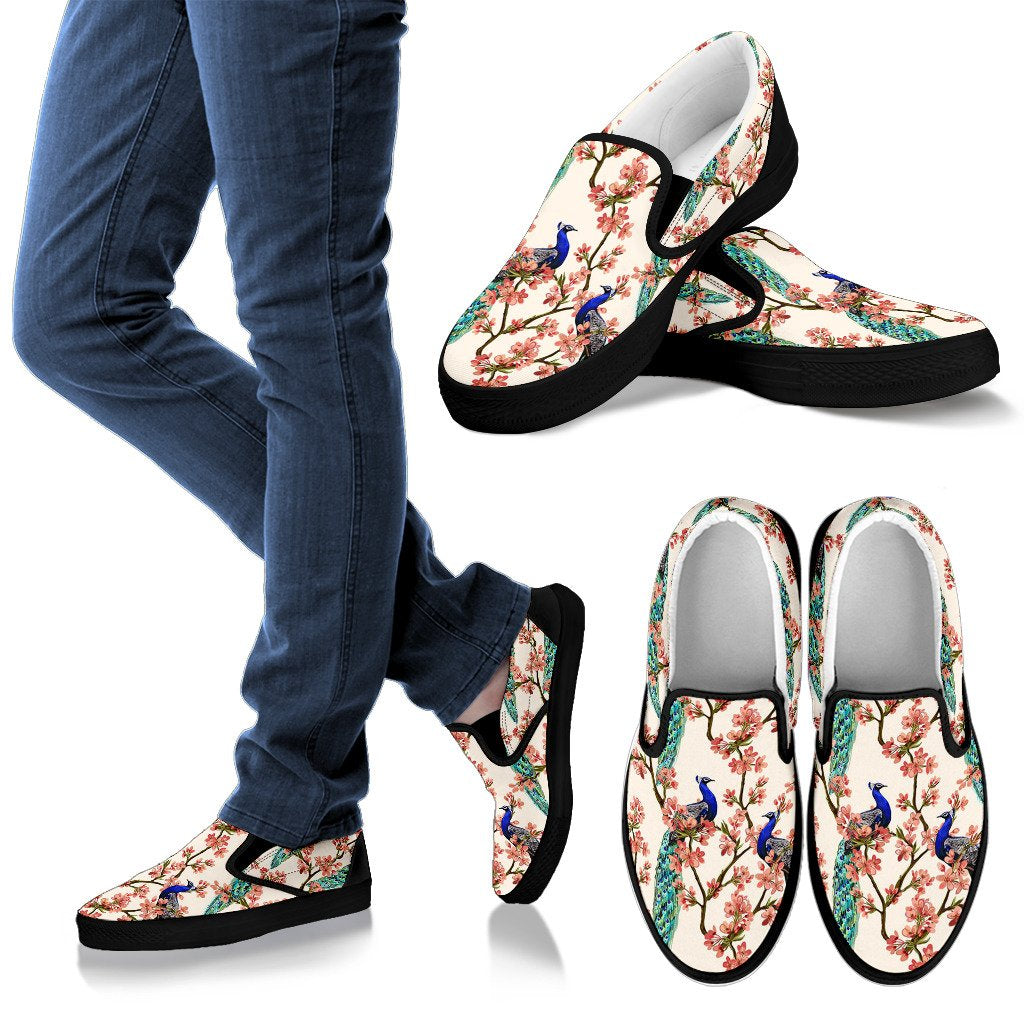 Cherry Blossom Peacock Women Slip On Shoes
