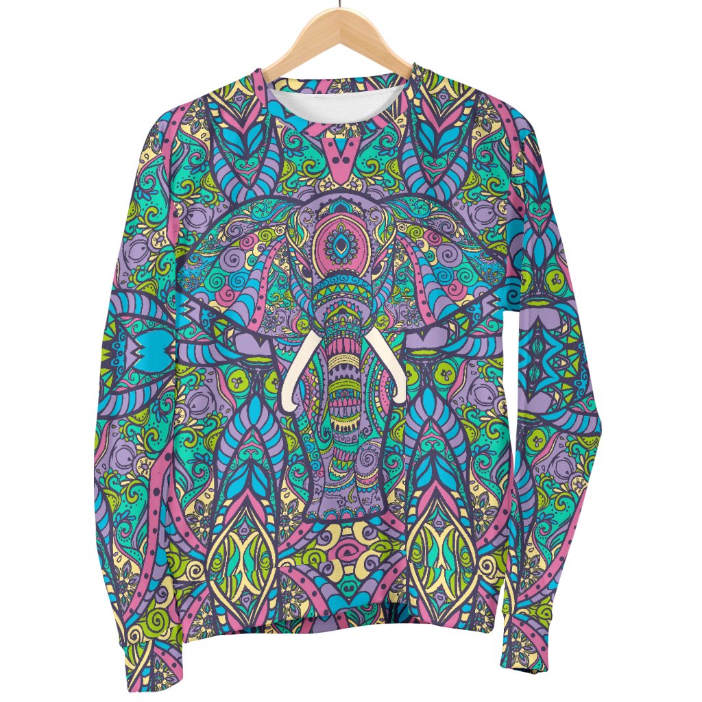 Colorful Elephant Indian Print Men Crewneck Sweatshirt
