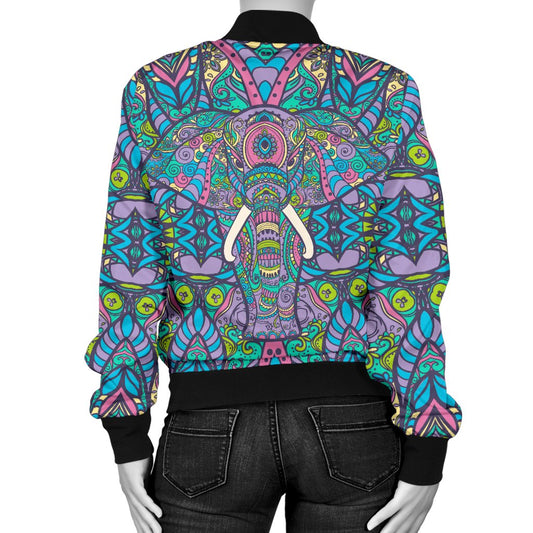 Colorful Elephant Indian Print Women Casual Bomber Jacket