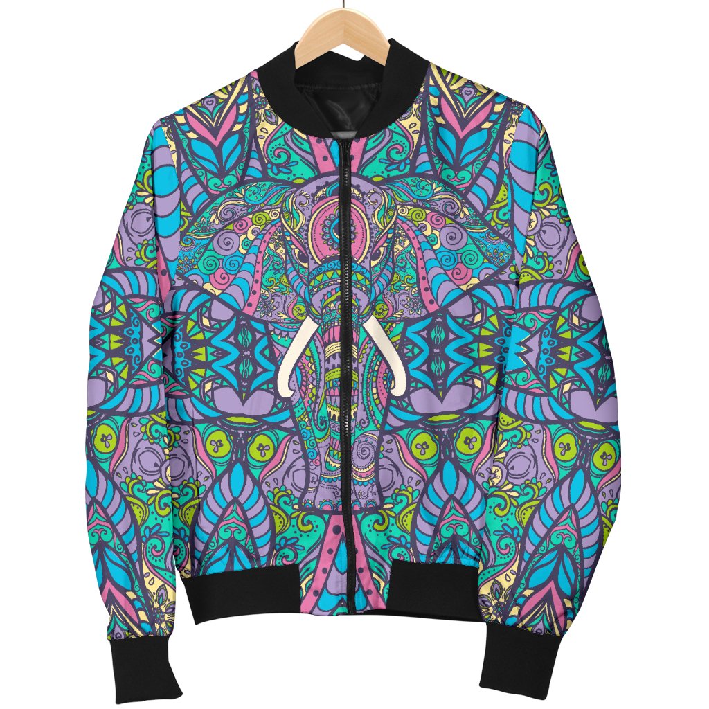 Colorful Elephant Indian Print Women Casual Bomber Jacket