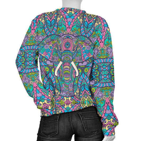Colorful Elephant Indian Print Women Crewneck Sweatshirt