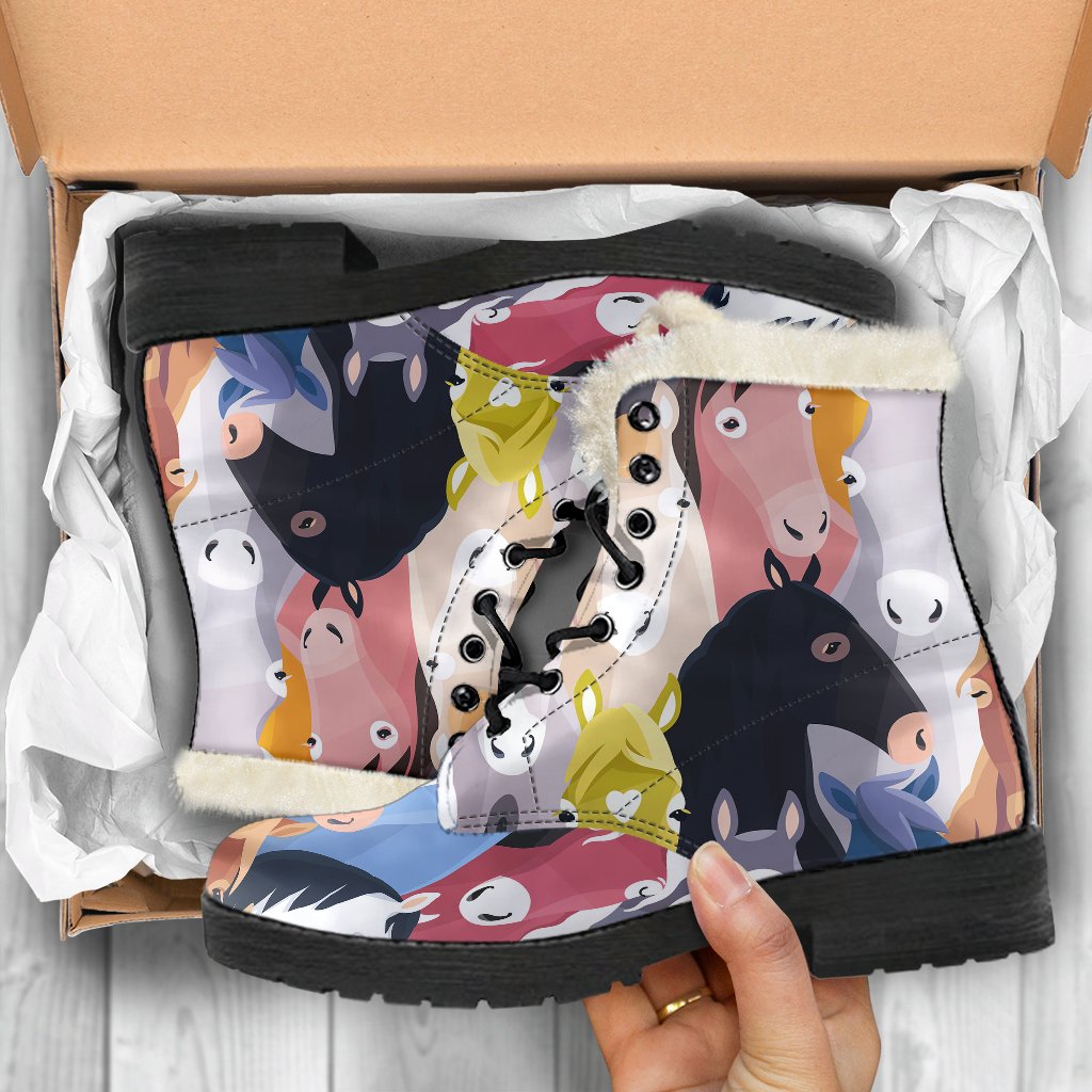 Colorful Horse Pattern Faux Fur Leather Boots