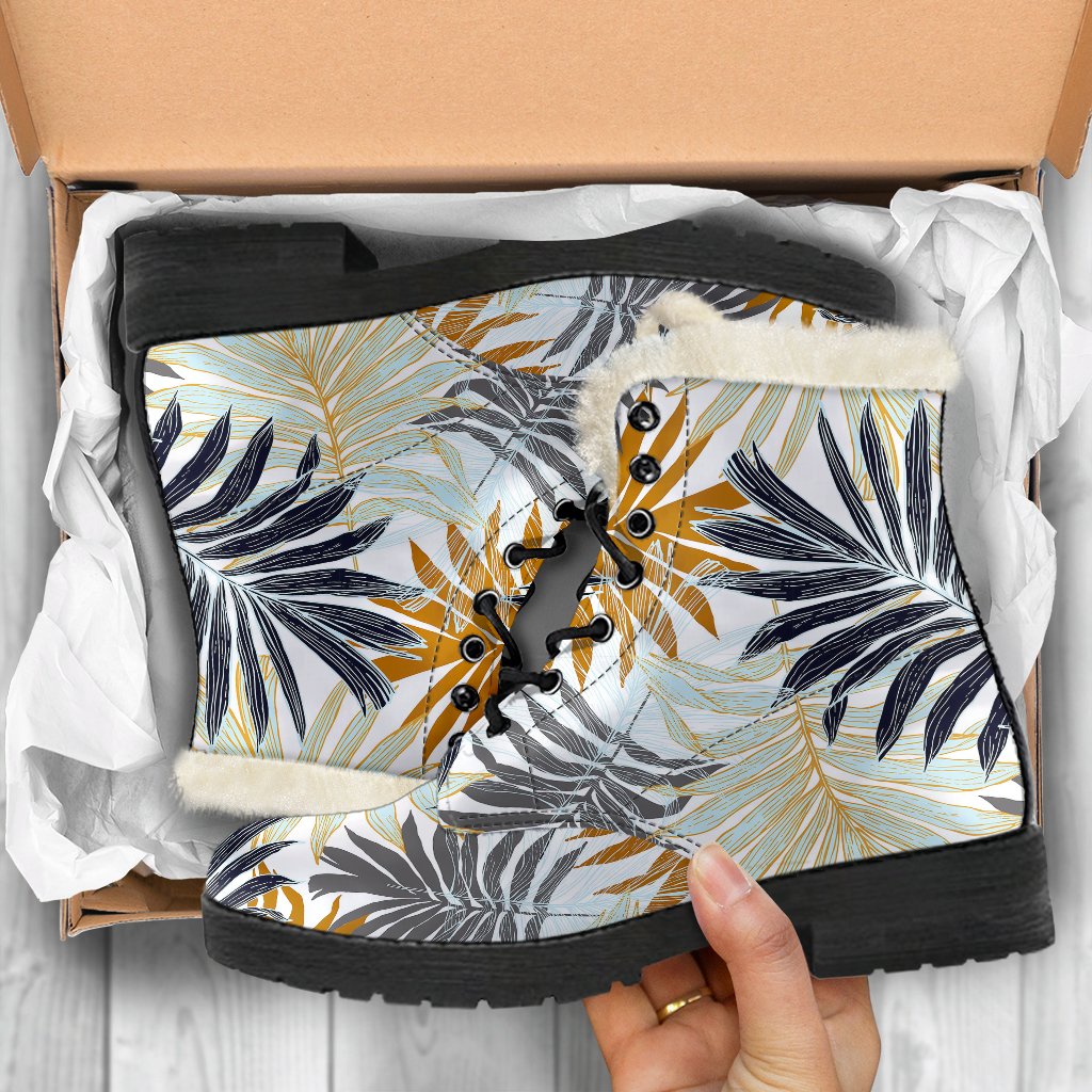 Colorful Tropical Palm Leaves Faux Fur Leather Boots