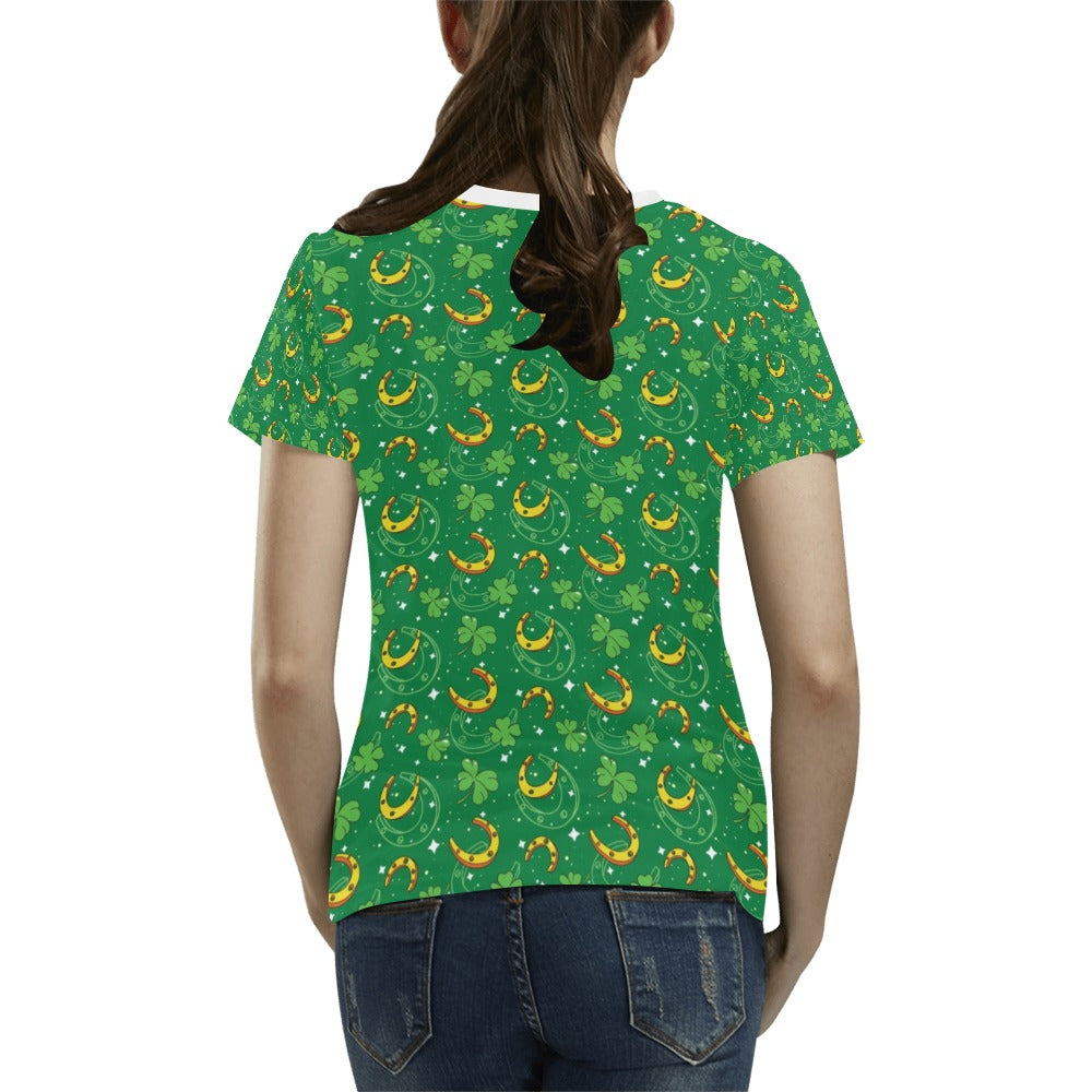 Shamrock With Horse Shoes Print Design LKS305 Women's T-shirt