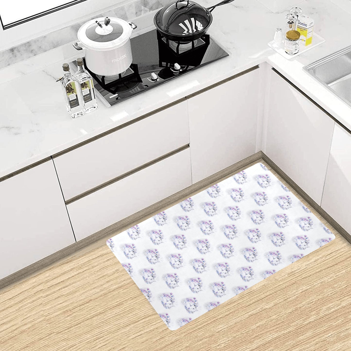 Wolf with Flower Print Design Kitchen Mat