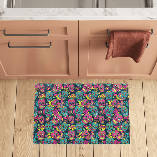 Sugar Skull Floral Design Themed Print Kitchen Mat