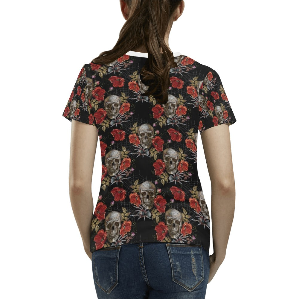 Spider Web Skull Rose Print Design LKS305 Women's T-shirt